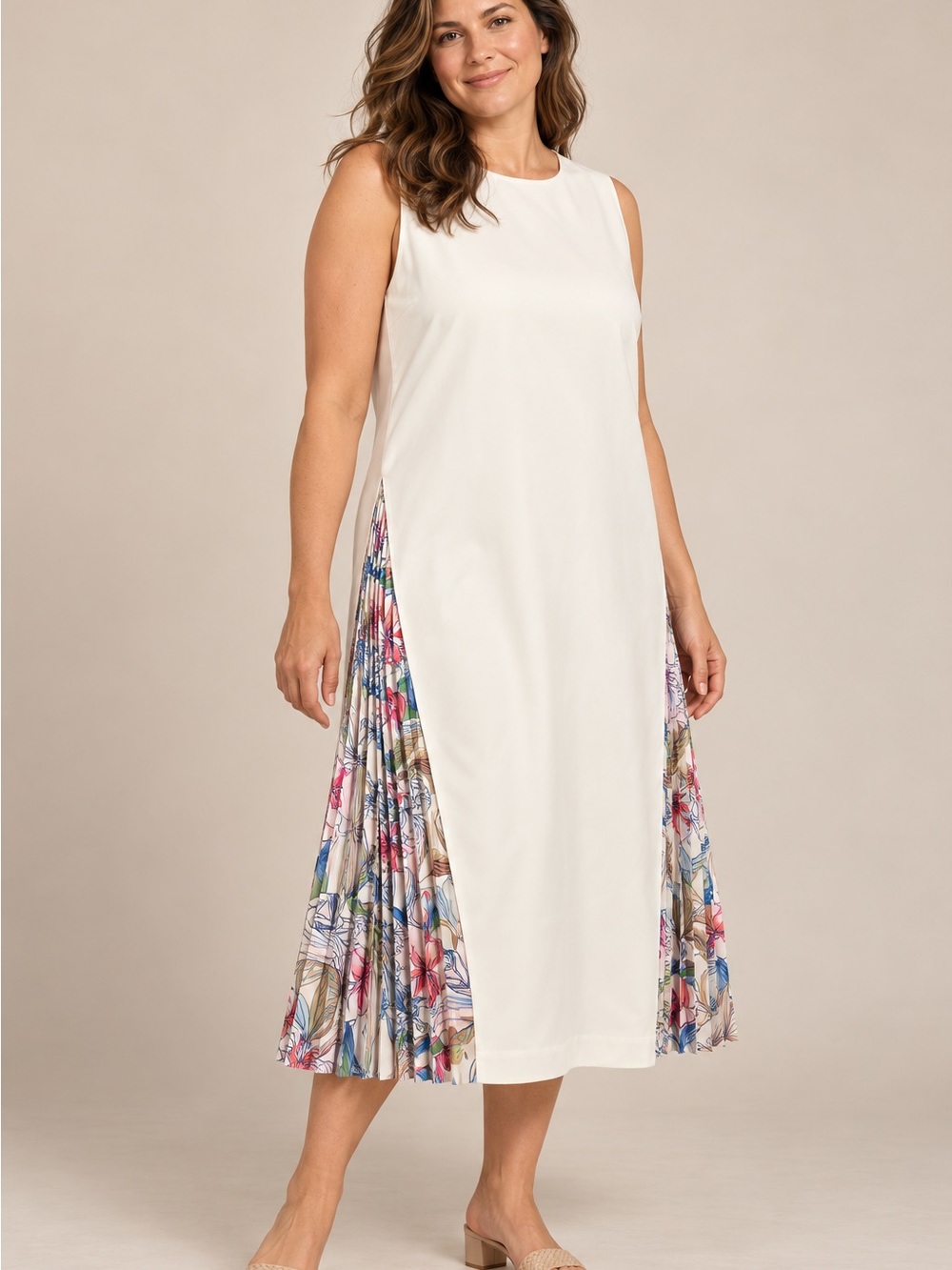 J. McLaughlin White Sleeveless Shift Dress with Floral Side Panels